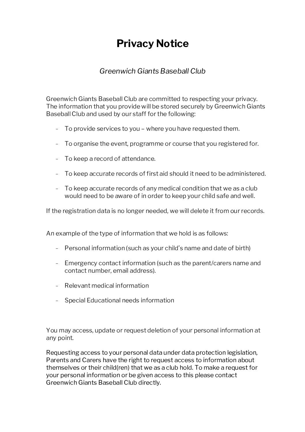 Safeguarding Policy and Procedures, Greenwich Giants Baseball Club