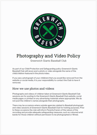 Safeguarding Policy and Procedures, Greenwich Giants Baseball Club